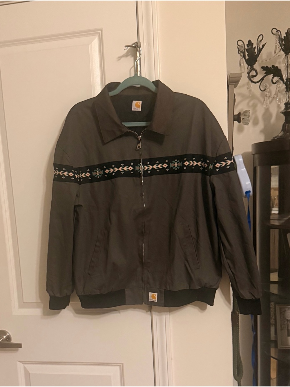 Carhartt Brown Zip-Up Bomber Jacket with Decorative Chest Band